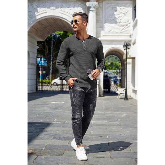 Men's Crewneck Lightweight Sweaters Quarter Button Sweatshirts Long Sleeve Slim - Picture 7 of 7